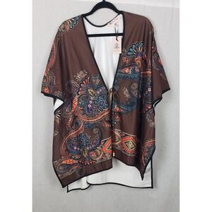 Jorge Perez Brown Paisley Print Kimono Cardigan Open Front Tie Waist Size Missy